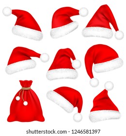 Christmas Santa Claus Hats With Fur Set, Bag, Sack. New Year Red Hat Isolated on White Background. Winter Cap. Vector illustration.