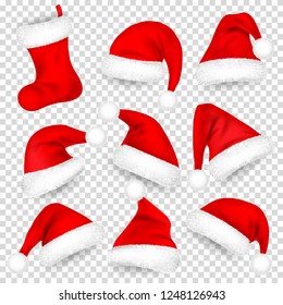 Christmas Santa Claus Hats With Fur Set, Sock. Xmas, New Year Red Hat With Shadow. Winter Cap. Vector illustration.