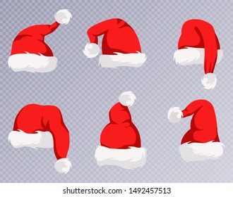 Christmas Santa Claus Hats With Fur Set. New Year Red Hat. Vector Illustration, Eps10