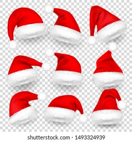 Christmas Santa Claus Hats With Fur and Shadow Set. New Year Red Hat Isolated on Transparent Background. Winter Cap. Vector illustration.