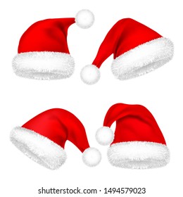 Christmas Santa Claus Hats With Fur Set. New Year Red Hat Isolated on White Background. Winter Cap. Vector illustration.