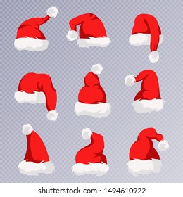 Christmas Santa Claus Hats With Fur Set. New Year Red Hat. Vector illustration, eps10