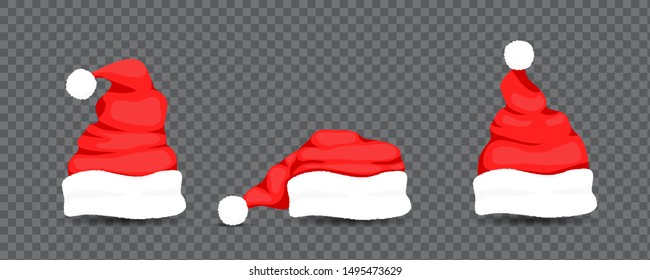 Christmas Santa Claus Hats With Fur Set. New Year Red Hat Isolated on White Background. Vector illustration eps 10.