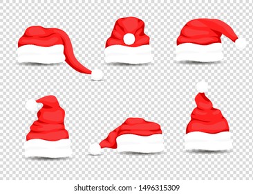 Christmas Santa Claus Hats With Fur Set. New Year Red Hat Isolated on White Background. Vector illustration eps 10.