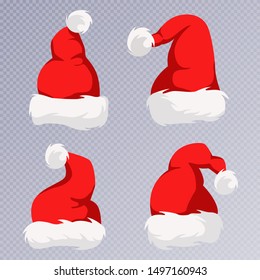 Christmas Santa Claus Hats With Fur Set. New Year Red Hat. Vector illustration, eps10