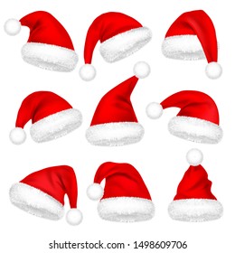 Christmas Santa Claus Hats With Fur Set. New Year Red Hat Isolated on White Background. Winter Cap. Vector illustration.