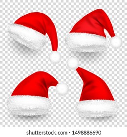 Christmas Santa Claus Hats With Fur and Shadow Set. New Year Red Hat Isolated on Transparent Background. Winter Cap. Vector illustration.