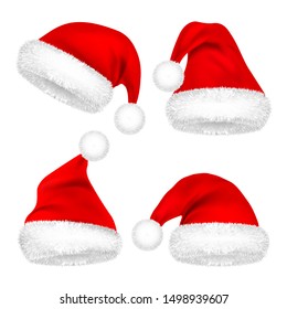 Christmas Santa Claus Hats With Fur Set. New Year Red Hat Isolated on White Background. Winter Cap. Vector illustration.