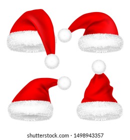 Christmas Santa Claus Hats With Fur Set. New Year Red Hat Isolated on White Background. Winter Cap. Vector illustration.