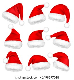 Christmas Santa Claus Hats With Fur Set. New Year Red Hat Isolated on White Background. Winter Cap. Vector illustration.