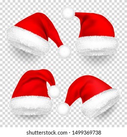 Christmas Santa Claus Hats With Fur and Shadow Set. New Year Red Hat Isolated on Transparent Background. Winter Cap. Vector illustration.