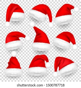 Christmas Santa Claus Hats With Fur and Shadow Set. New Year Red Hat Isolated on Transparent Background. Winter Cap. Vector illustration.