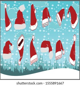 Christmas Santa Claus Hats With Fur Set. New Year Red Hat. Vector illustration, eps10