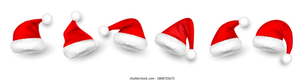 Christmas Santa Claus hats with fur. New Year red hat isolated on white background. Winter cap. Vector illustration.