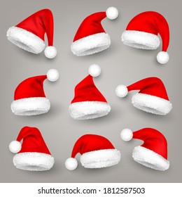 Christmas Santa Claus hats with fur. New Year red hat. Winter cap. Vector illustration.