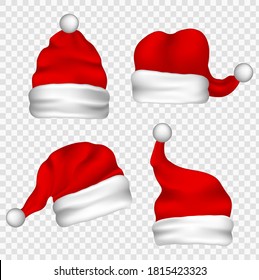 Christmas Santa Claus Hats With Fur Set. New Year Red Hat Isolated.  Vector santa claus hat colllection, holiday cap to xmas illustration