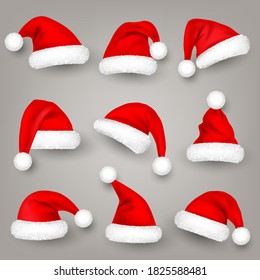 Christmas Santa Claus hats with fur. New Year red hat. Winter cap. Vector illustration.