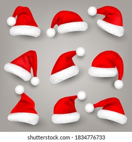 Christmas Santa Claus hats with fur. New Year red hat. Winter cap. Vector illustration.