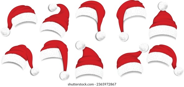 Christmas Santa Claus Hats With Fur and Shadow Set. New Year Red Hat Isolated on Transparent Background. Winter Cap. Vector illustration.