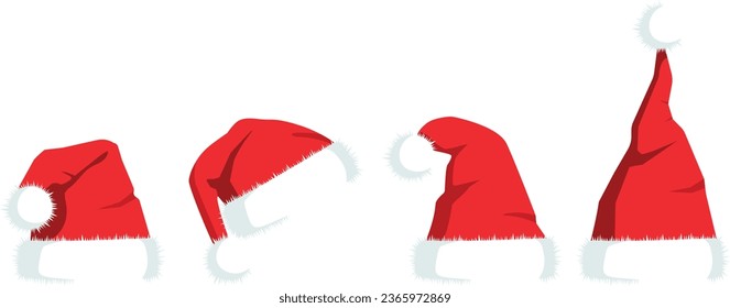 Christmas Santa Claus Hats With Fur and Shadow Set. New Year Red Hat Isolated on Transparent Background. Winter Cap. Vector illustration.
