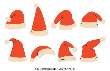 Christmas Santa Claus Hats With Fur Set. New Year Red Hat flat style Isolated on White Background. Winter Cap. Vector illustration.