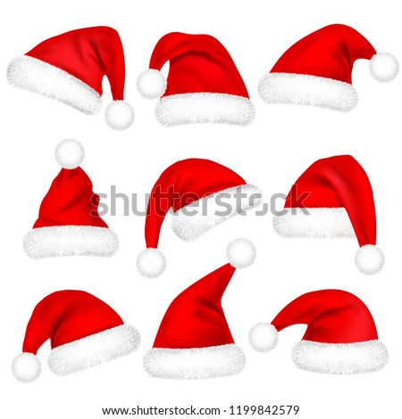 Christmas Santa Claus Hats With Fur Set. New Year Red Hat Isolated on White Background. Winter Cap. Vector illustration. Foto d'archivio © 