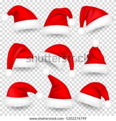 Christmas Santa Claus Hats With Fur and Shadow Set. New Year Red Hat Isolated on Transparent Background. Winter Cap. Vector illustration.