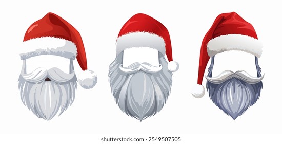 Christmas santa claus hats. New Year's red hat isolated on white background. Winter New Year's hat. Santa Claus hat with fur and beard. Hat for New Year's costume. Vector illustration