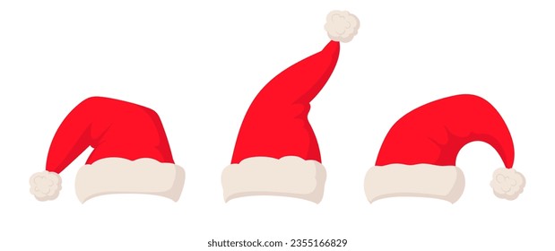 Christmas Santa Claus hats. Red plush Santa hats, xmas character fur costume part flat vector illustration set