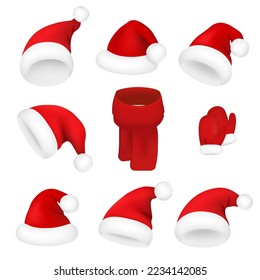 Christmas Santa Claus hats set. New Year red hat Isolated on white background. Vector realistic illustration