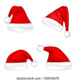 Christmas Santa Claus Hats Set. New Year Red Hat Isolated on White Background. Vector illustration.