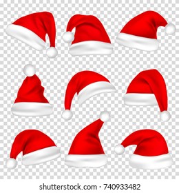 Christmas Santa Claus Hats Set. New Year Red Hat Isolated on Transparent Background. Vector illustration.