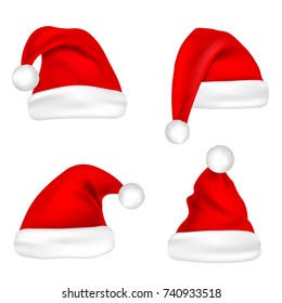 Christmas Santa Claus Hats Set. New Year Red Hat Isolated on White Background. Vector illustration.