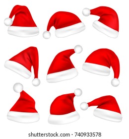 Christmas Santa Claus Hats Set. New Year Red Hat Isolated on White Background. Vector illustration.