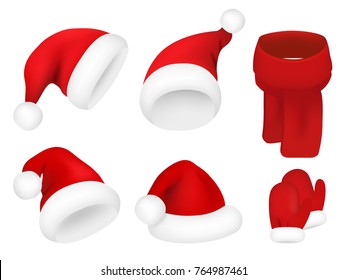 Christmas santa claus hats set. New year red hat isolated on white background. Vector image.