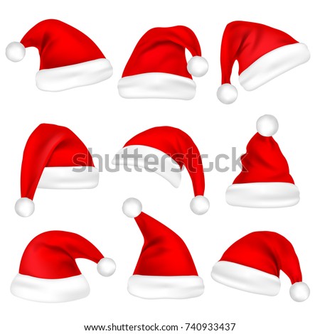 Christmas Santa Claus Hats Set. New Year Red Hat Isolated on White Background. Vector illustration.