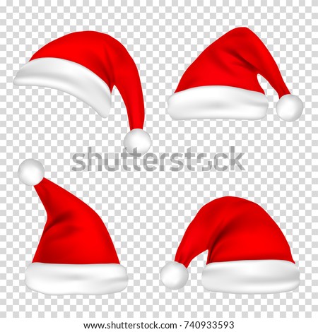 Christmas Santa Claus Hats Set. New Year Red Hat Isolated on Transparent Background. Vector illustration.