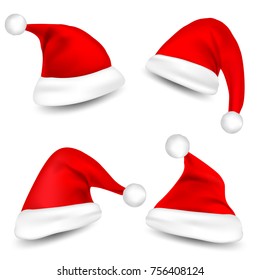 Christmas Santa Claus Hats With Shadow Set. New Year Red Hat Isolated on White Background. Vector illustration.