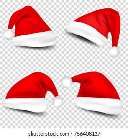 Christmas Santa Claus Hats With Shadow Set. New Year Red Hat Isolated on Transparent Background. Vector illustration.