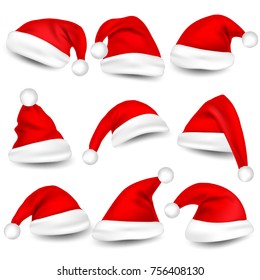 Christmas Santa Claus Hats With Shadow Set. New Year Red Hat Isolated on White Background. Vector illustration.