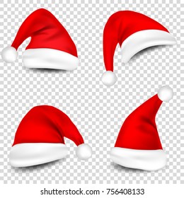 Christmas Santa Claus Hats With Shadow Set. New Year Red Hat Isolated on Transparent Background. Vector illustration.