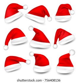 Christmas Santa Claus Hats With Shadow Set. New Year Red Hat Isolated on White Background. Vector illustration.