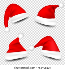 Christmas Santa Claus Hats With Shadow Set. New Year Red Hat Isolated on Transparent Background. Vector illustration.