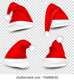 Christmas Santa Claus Hats With Shadow Set. New Year Red Hat Isolated on Transparent Background. Vector illustration.