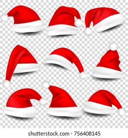 Christmas Santa Claus Hats With Shadow Set. New Year Red Hat Isolated on Transparent Background. Vector illustration.