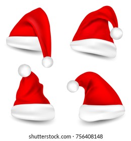 Christmas Santa Claus Hats With Shadow Set. New Year Red Hat Isolated on White Background. Vector illustration.