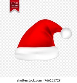 Christmas Santa Claus Hats With Shadow Set. New Year Red Hat Isolated on Transparent Background. Vector illustration.