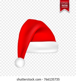 Christmas Santa Claus Hats With Shadow Set. New Year Red Hat Isolated on Transparent Background. Vector illustration.