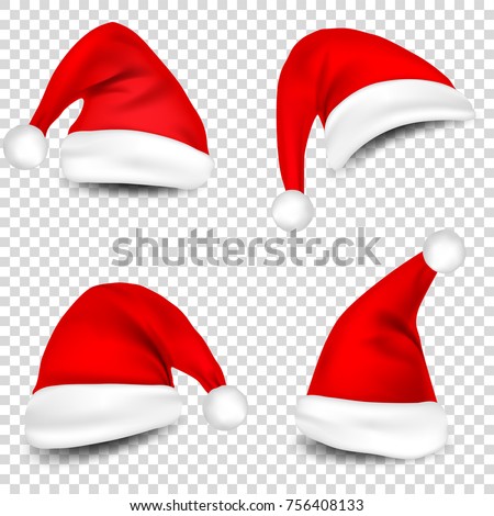 Christmas Santa Claus Hats With Shadow Set. New Year Red Hat Isolated on Transparent Background. Vector illustration. Foto d'archivio © 