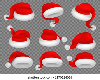 Christmas santa claus hats. Winter xmas holiday headwear. Red plush santa caps realistic vector isolated set. Hat claus, santa clothing costume illustration